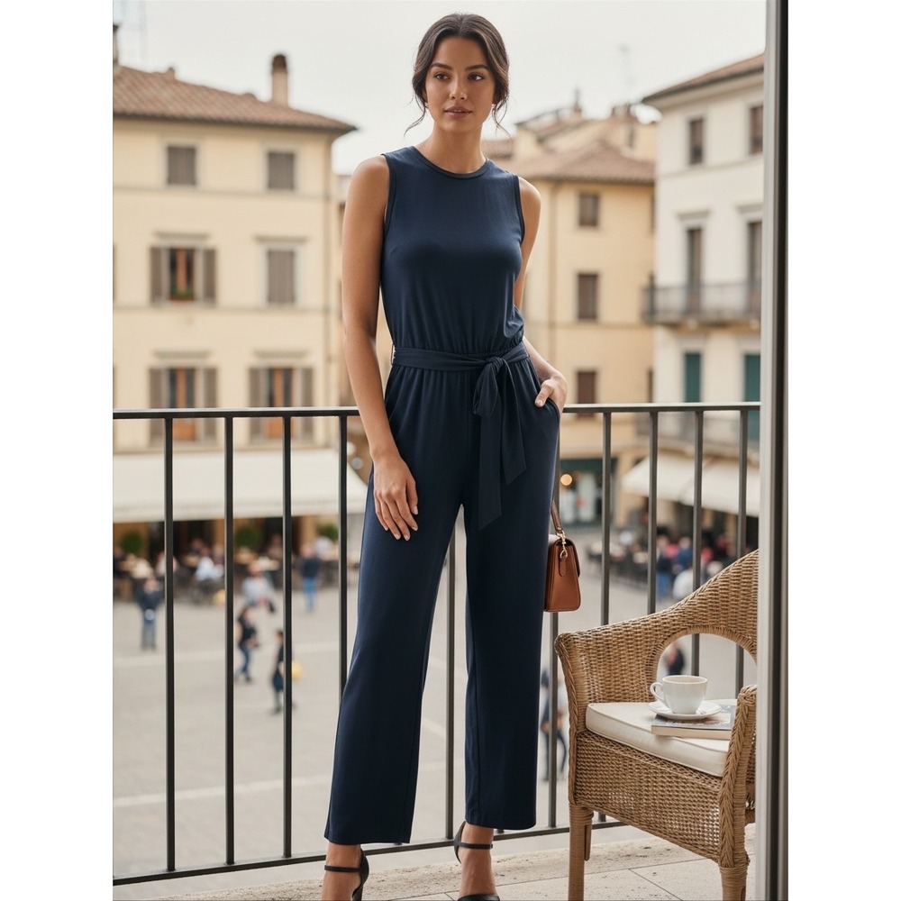 Banana Republic Jumpsuit Women XS Petite Navy Sleeveless Belted Modal Pocket